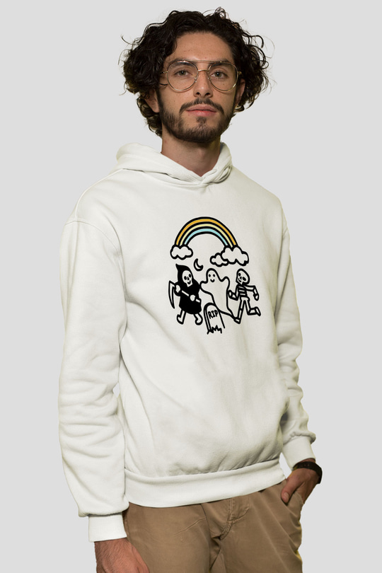 Halloween Baskılı Beyaz Unisex Kapüşonlu Sweatshirt