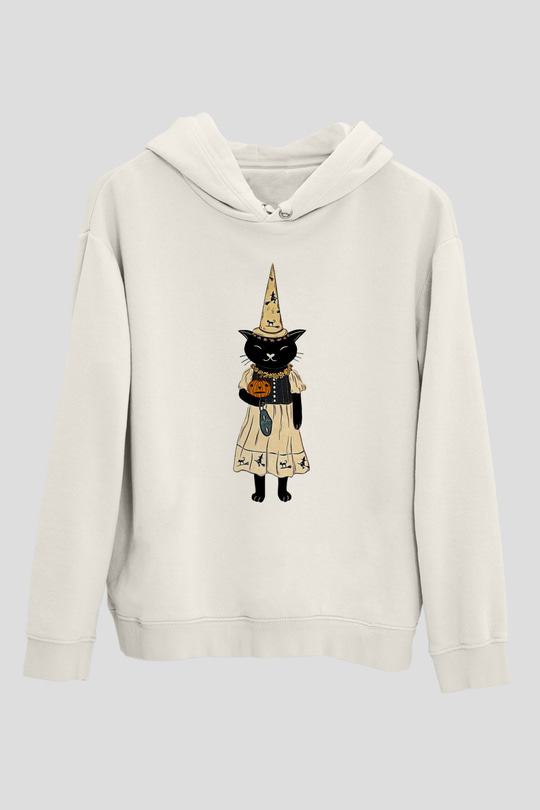 Halloween Baskılı Beyaz Unisex Kapüşonlu Sweatshirt