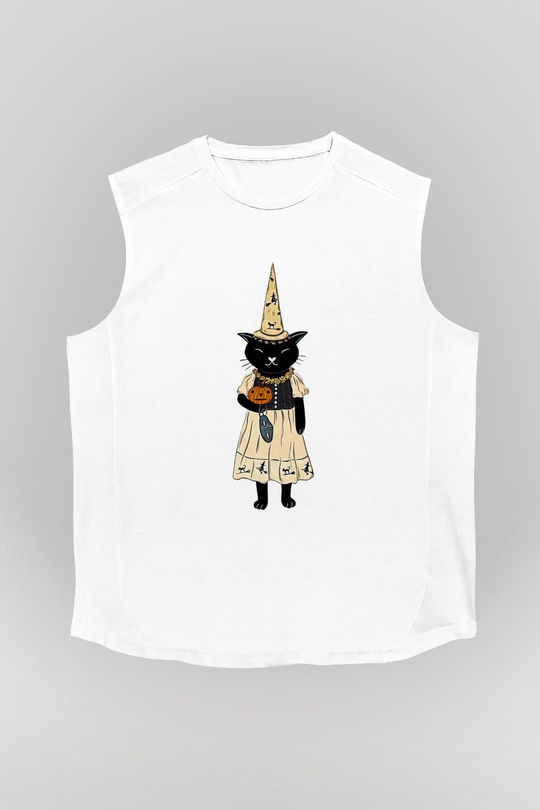 Halloween Baskılı Beyaz Unisex Kolsuz Tişört - Tshirt
