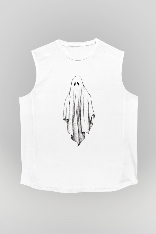 Halloween Baskılı Beyaz Unisex Kolsuz Tişört - Tshirt