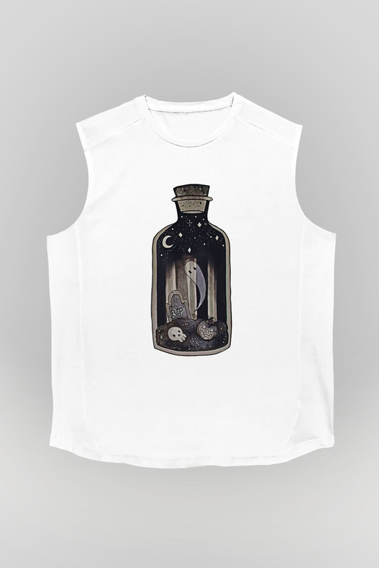 Halloween Baskılı Beyaz Unisex Kolsuz Tişört - Tshirt