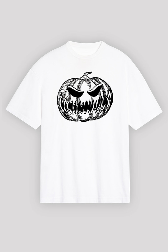 Halloween Baskılı Beyaz Unisex Oversize Tişört - Tshirt