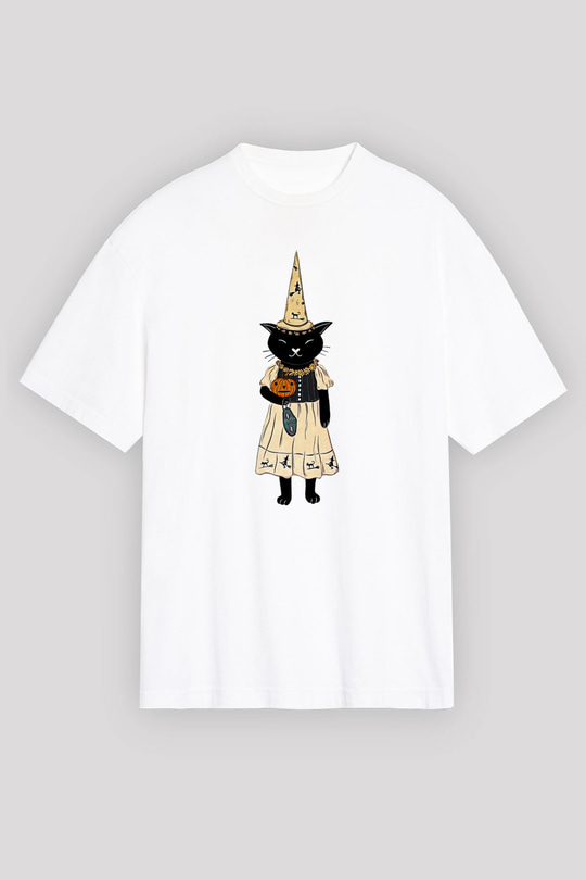 Halloween Baskılı Beyaz Unisex Oversize Tişört - Tshirt