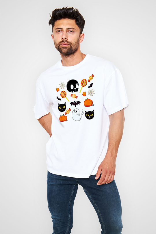Halloween Baskılı Beyaz Unisex Oversize Tişört - Tshirt