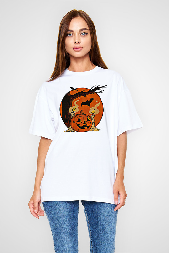 Halloween Baskılı Beyaz Unisex Oversize Tişört - Tshirt