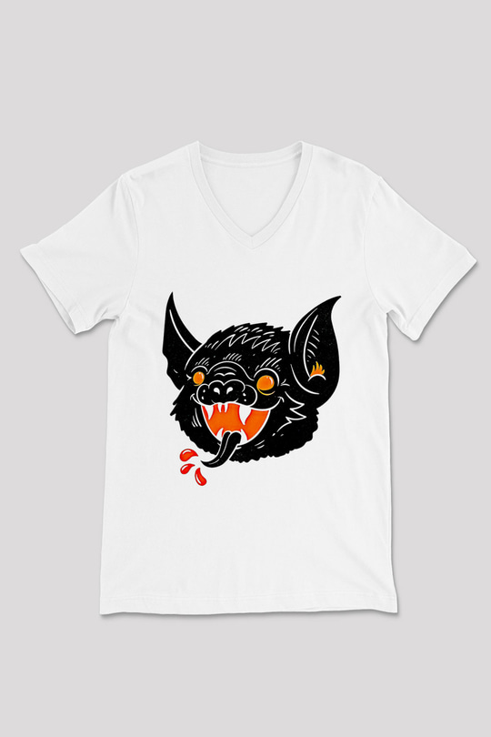 Halloween Baskılı Beyaz Unisex V Yaka Tişört - Tshirt