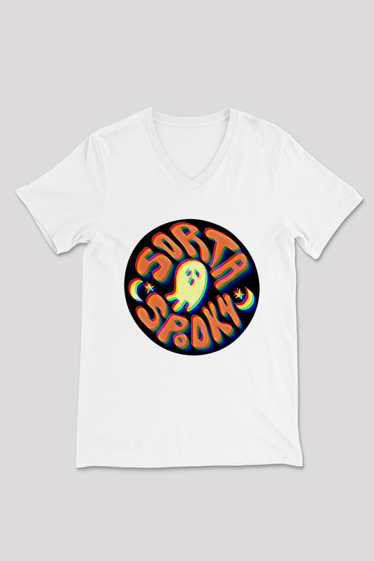 Halloween Baskılı Beyaz Unisex V Yaka Tişört - Tshirt