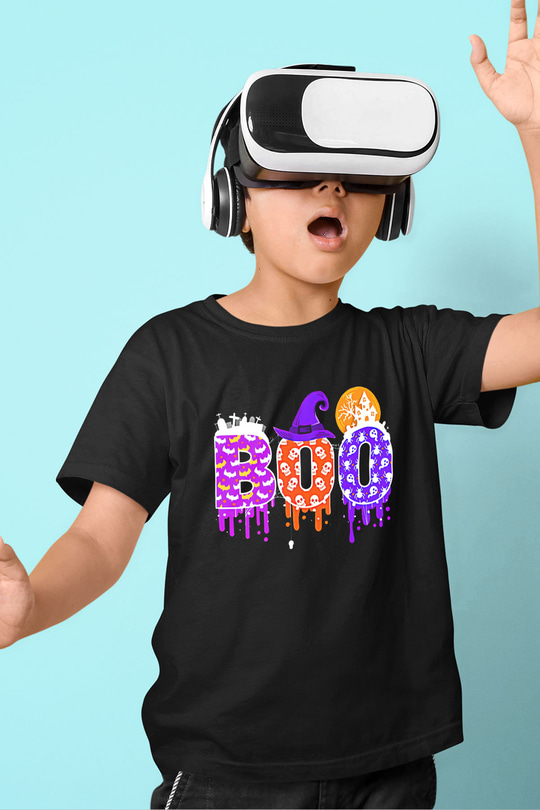 Halloween Baskılı Unisex Siyah Çocuk Tişört - Tshirt