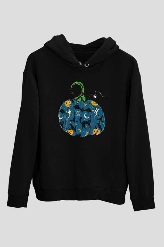 Halloween Baskılı Unisex Siyah Hoodie