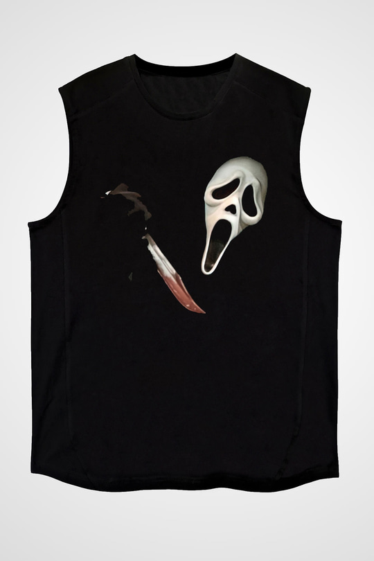 Halloween Baskılı Unisex Siyah Kolsuz Tişört - Tshirt