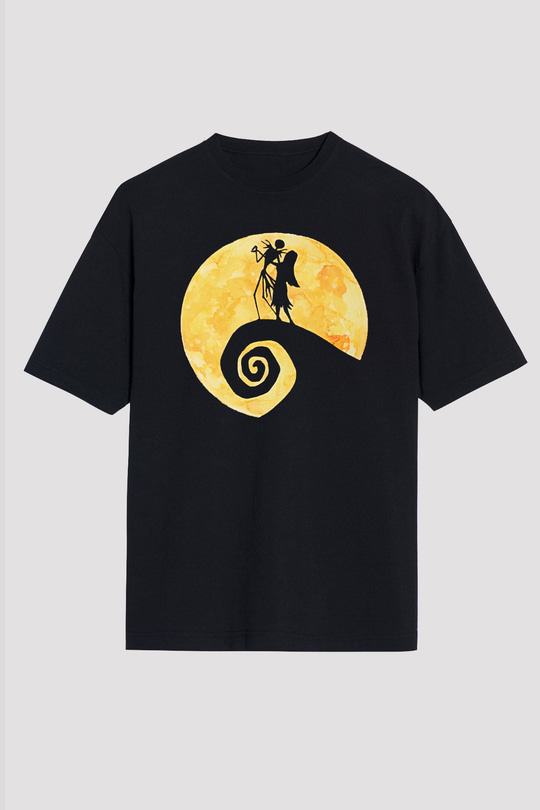 Halloween Baskılı Unisex Siyah Oversize Tişört - Tshirt
