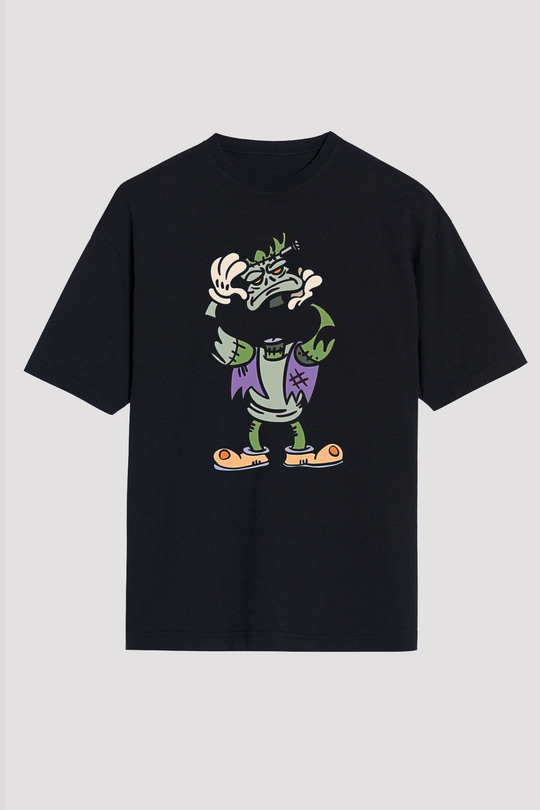 Halloween Baskılı Unisex Siyah Oversize Tişört - Tshirt