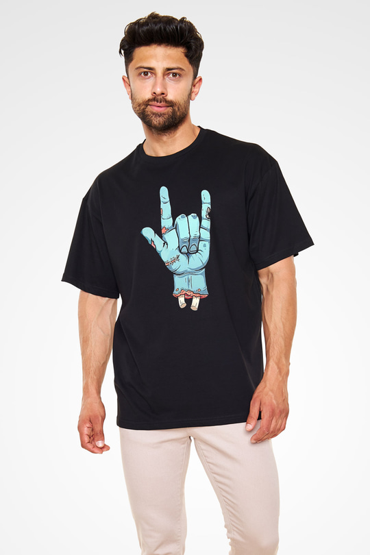 Halloween Baskılı Unisex Siyah Oversize Tişört - Tshirt