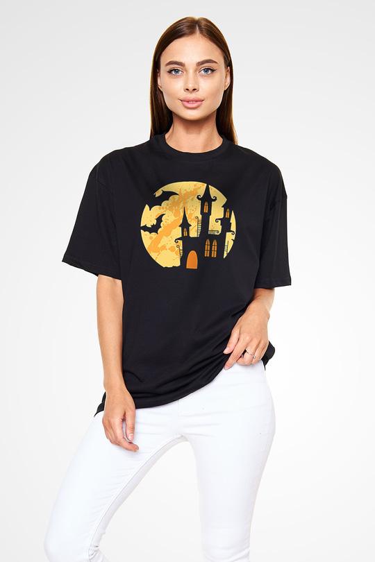 Halloween Baskılı Unisex Siyah Oversize Tişört - Tshirt