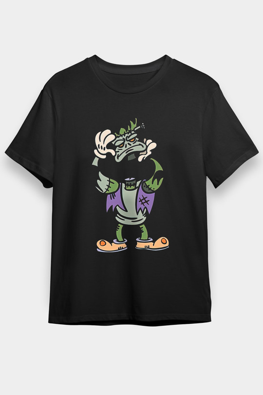 Halloween Baskılı Unisex Siyah Tişört - Tshirt