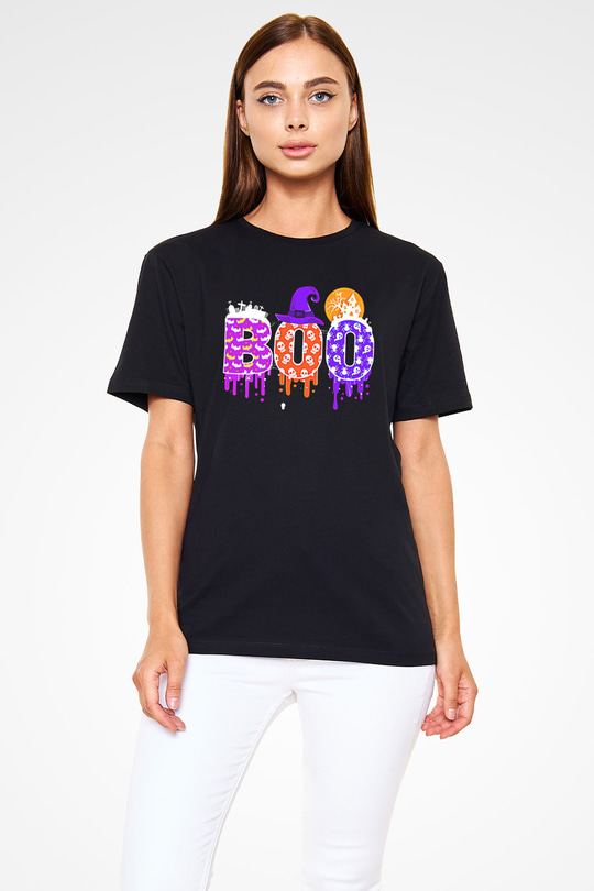 Halloween Baskılı Unisex Siyah Tişört - Tshirt