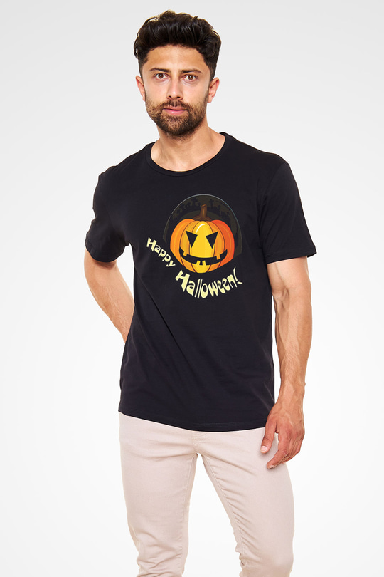Halloween Baskılı Unisex Siyah Tişört - Tshirt