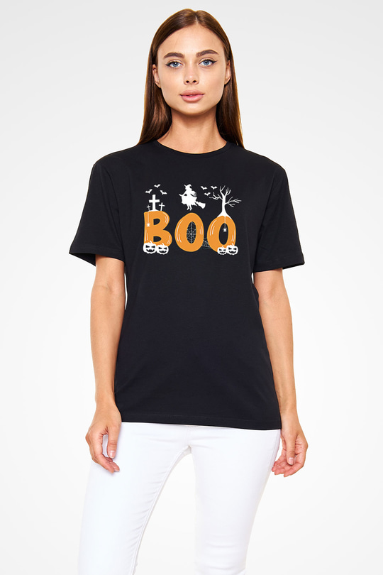 Halloween Baskılı Unisex Siyah Tişört - Tshirt