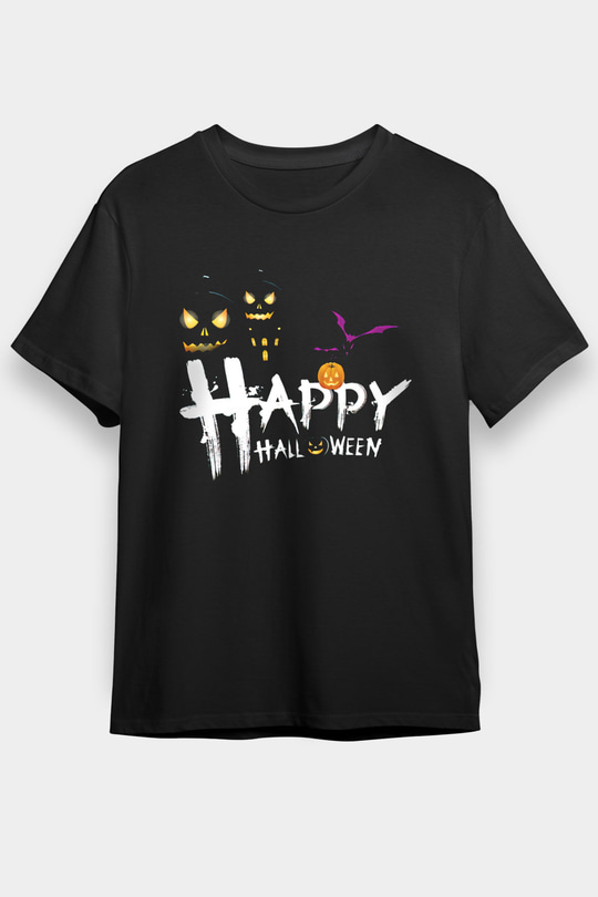 Halloween Baskılı Unisex Siyah Tişört - Tshirt