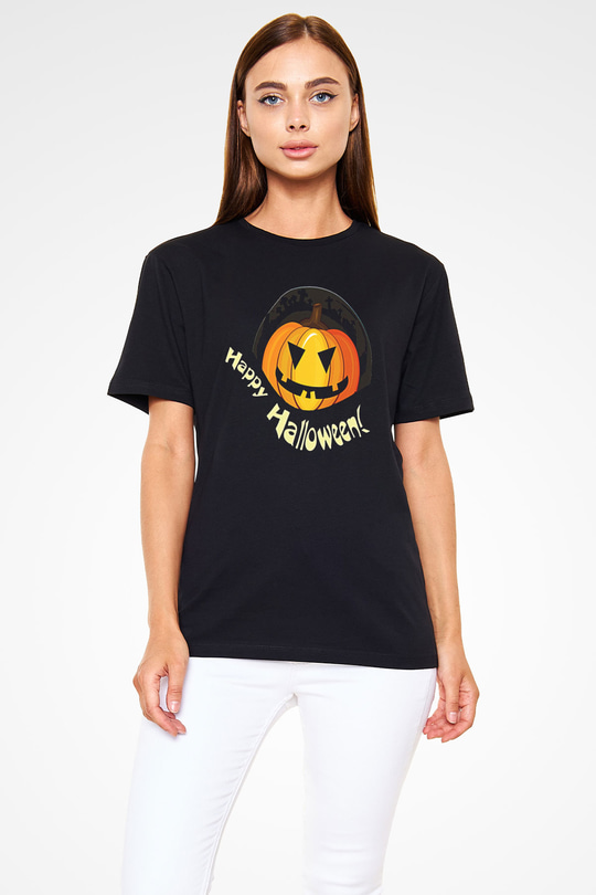 Halloween Baskılı Unisex Siyah Tişört - Tshirt