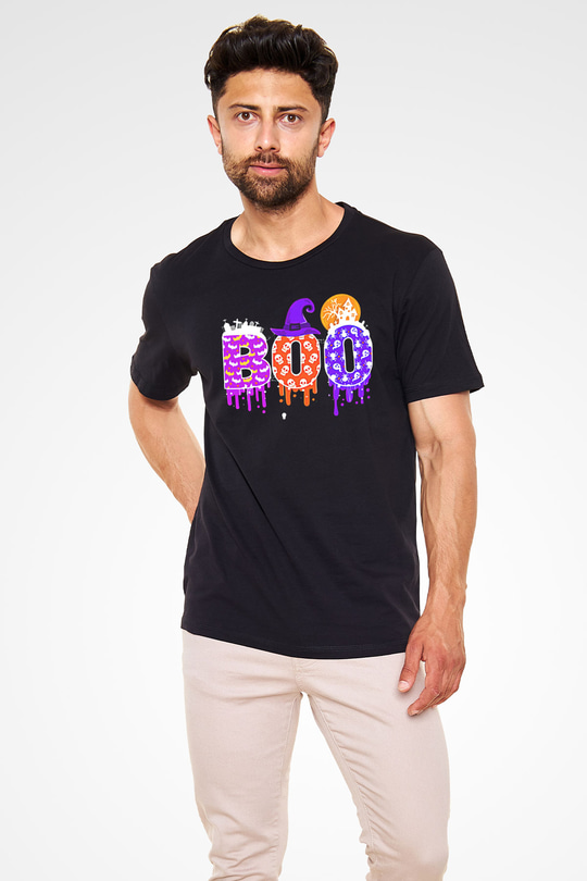 Halloween Baskılı Unisex Siyah Tişört - Tshirt
