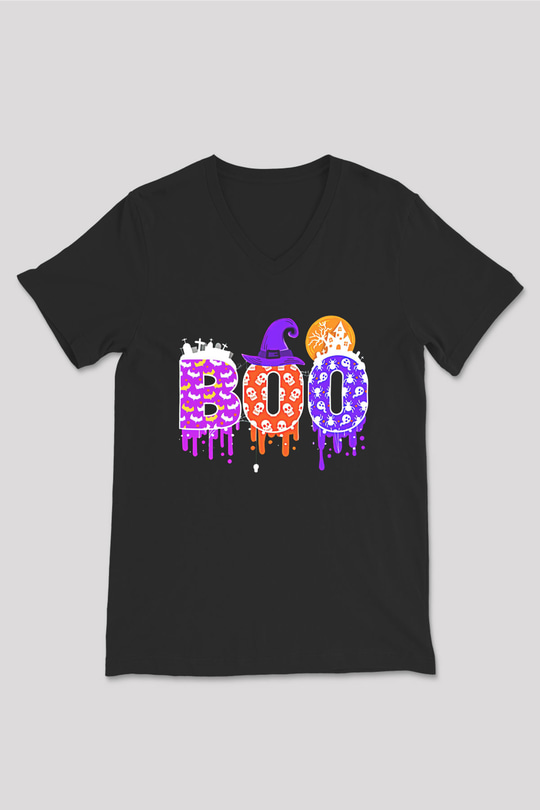 Halloween Baskılı Unisex Siyah V Yaka Tişört - Tshirt