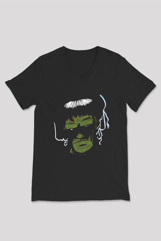 Halloween Baskılı Unisex Siyah V Yaka Tişört - Tshirt