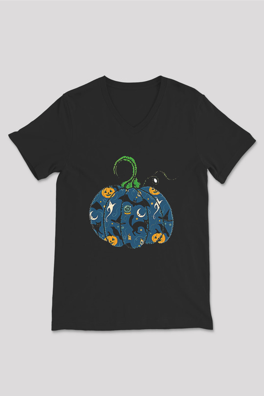 Halloween Baskılı Unisex Siyah V Yaka Tişört - Tshirt