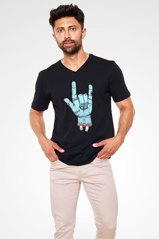 Halloween Baskılı Unisex Siyah V Yaka Tişört - Tshirt