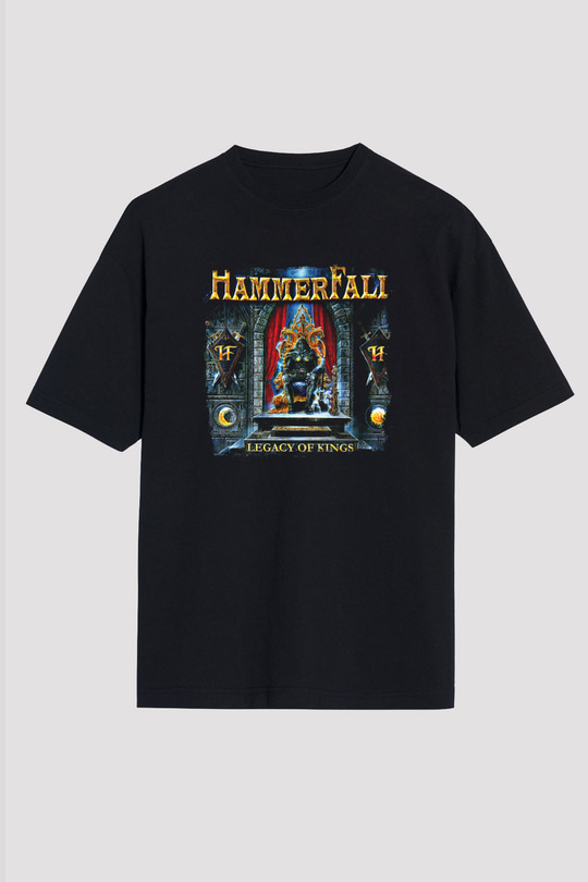 HammerFall Baskılı Unisex Siyah Oversize Tişört