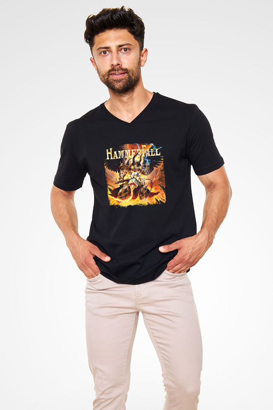 HammerFall Baskılı Unisex Siyah V Yaka Tişört