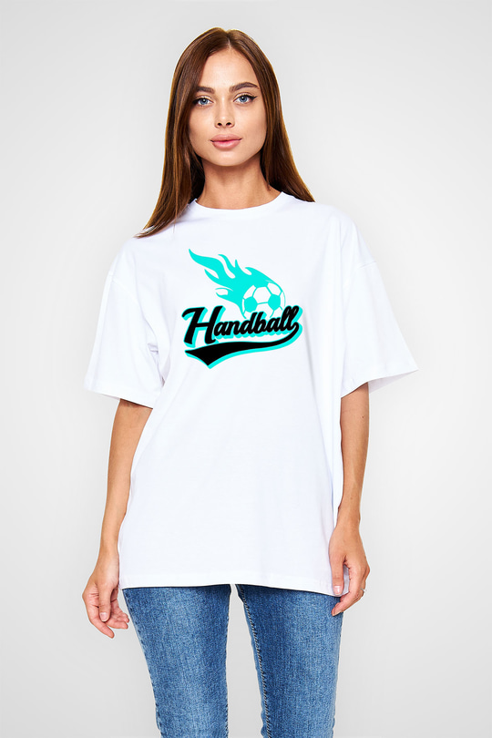Handball Baskılı Unisex Beyaz Oversize Tişört - Tshirt