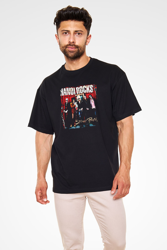 Hanoi Rocks Baskılı Unisex Siyah Oversize Tişört