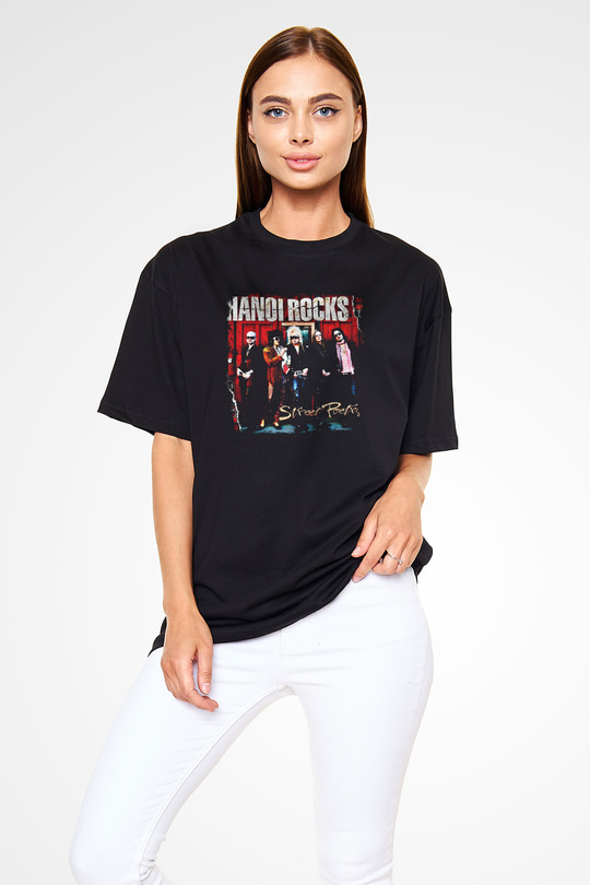Hanoi Rocks Baskılı Unisex Siyah Oversize Tişört