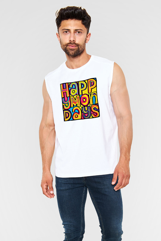 Happy Mondays Baskılı Unisex Beyaz Kolsuz Tişört