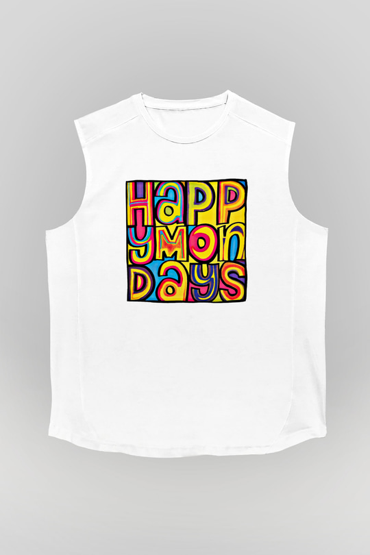 Happy Mondays Baskılı Unisex Beyaz Kolsuz Tişört