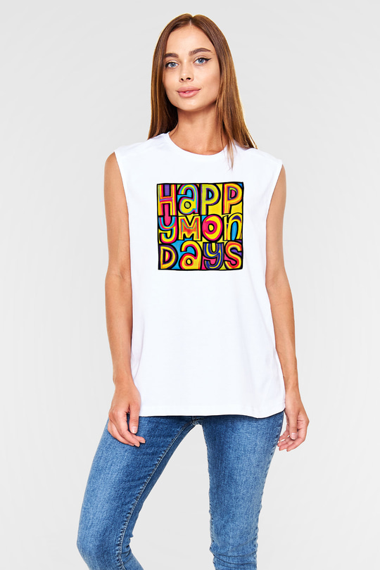 Happy Mondays Baskılı Unisex Beyaz Kolsuz Tişört