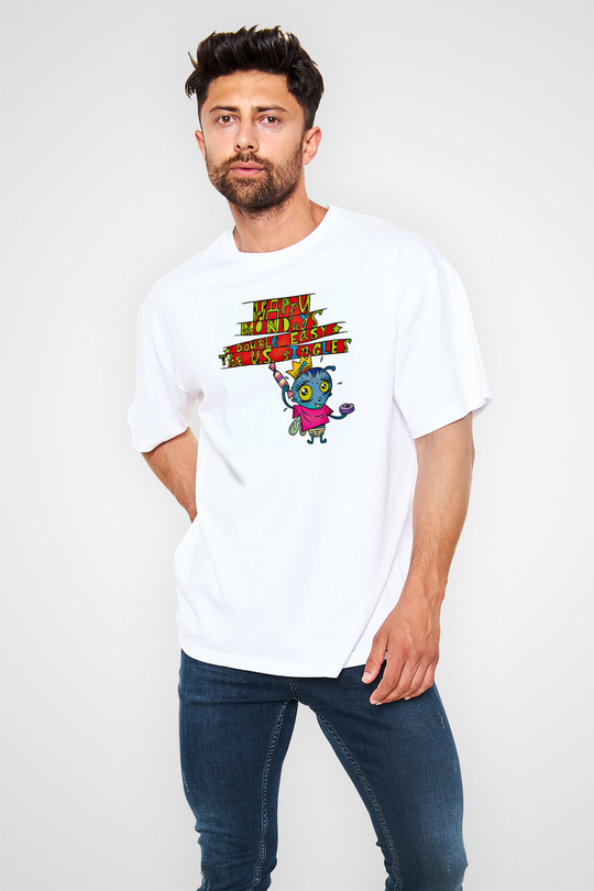 Happy Mondays Baskılı Unisex Beyaz Oversize Tişört