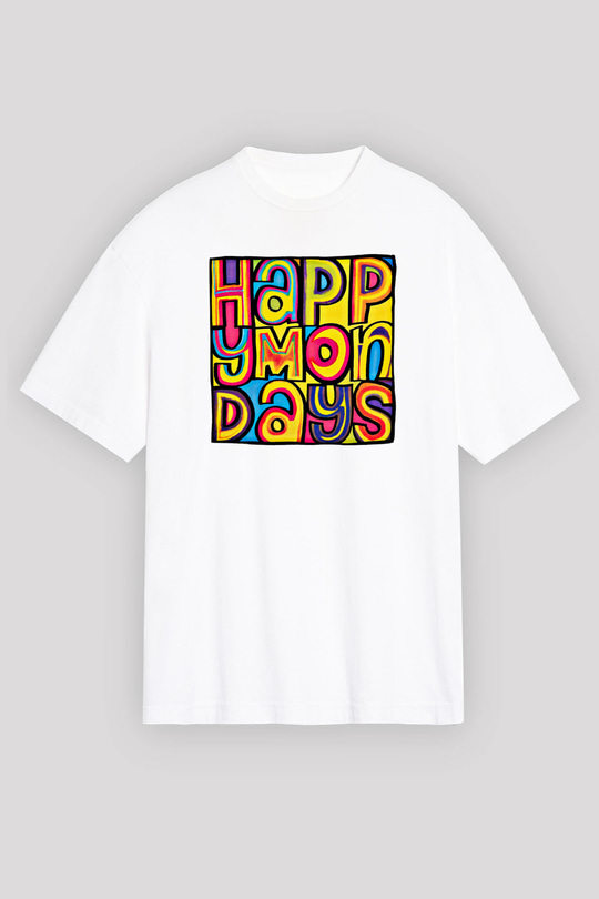 Happy Mondays Baskılı Unisex Beyaz Oversize Tişört