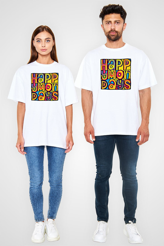 Happy Mondays Baskılı Unisex Beyaz Oversize Tişört