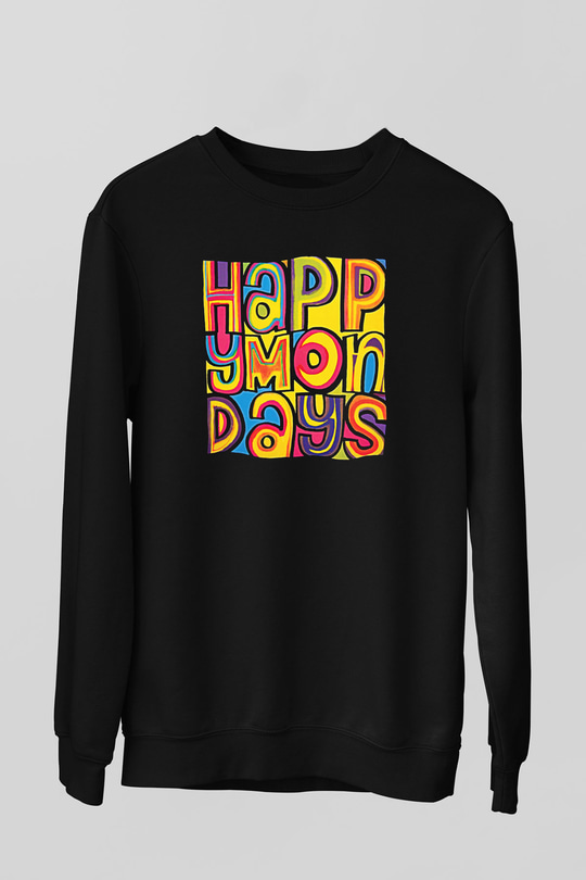 Happy Mondays Baskılı Unisex Siyah Sweatshirt