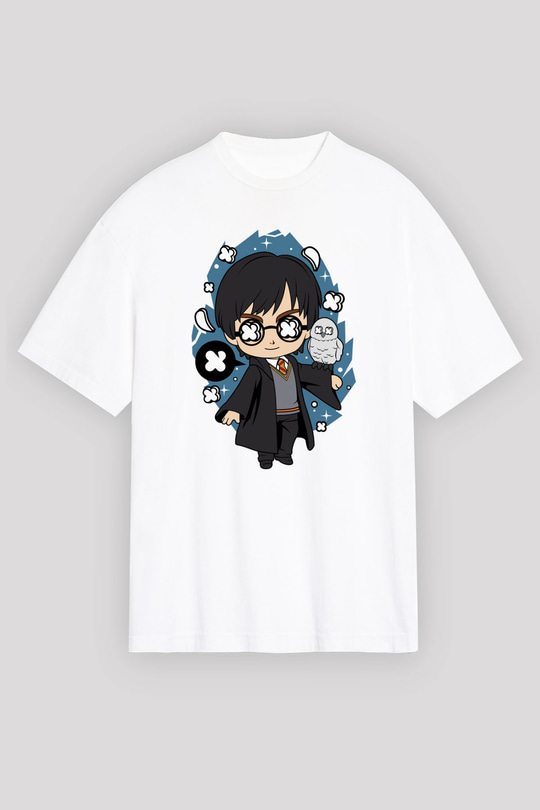 Harry Baskılı Unisex Beyaz Oversize Tişört
