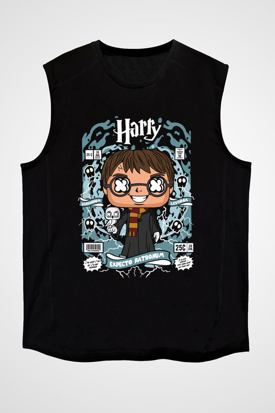 Harry Baskılı Unisex Siyah Kolsuz Tişört