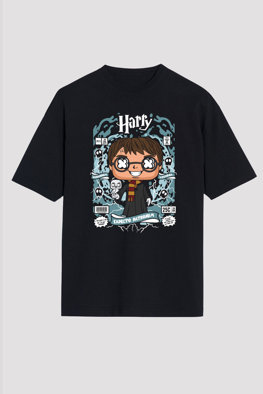 Harry Baskılı Unisex Siyah Oversize Tişört