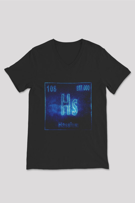 Hassiyum Atom Numarası Baskılı Unisex Siyah V Yaka Tişört