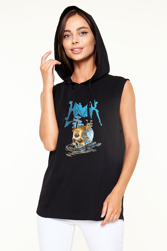 Havok Baskılı Unisex Siyah Kapüşonlu Kolsuz Tişört - Tshirt