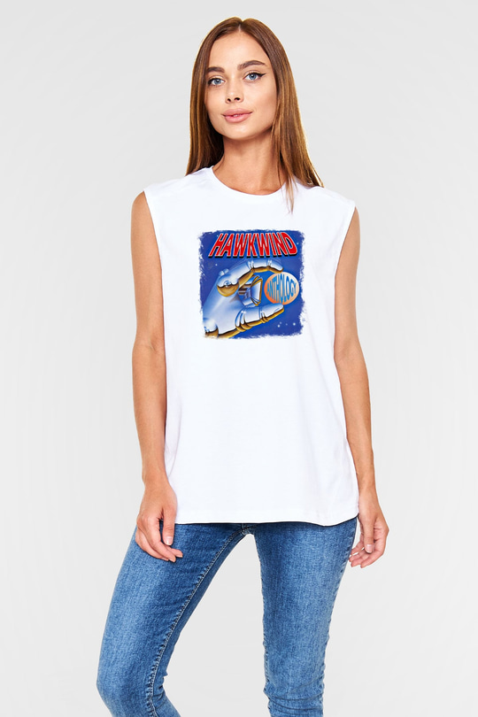 Hawkwind Baskılı Unisex Beyaz Kolsuz Tişört