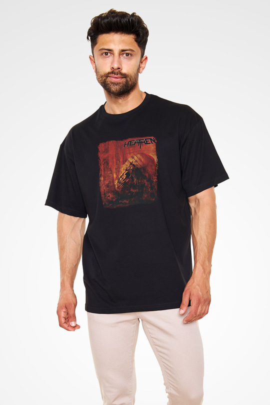 Heathen Baskılı Unisex Siyah Oversize Tişört