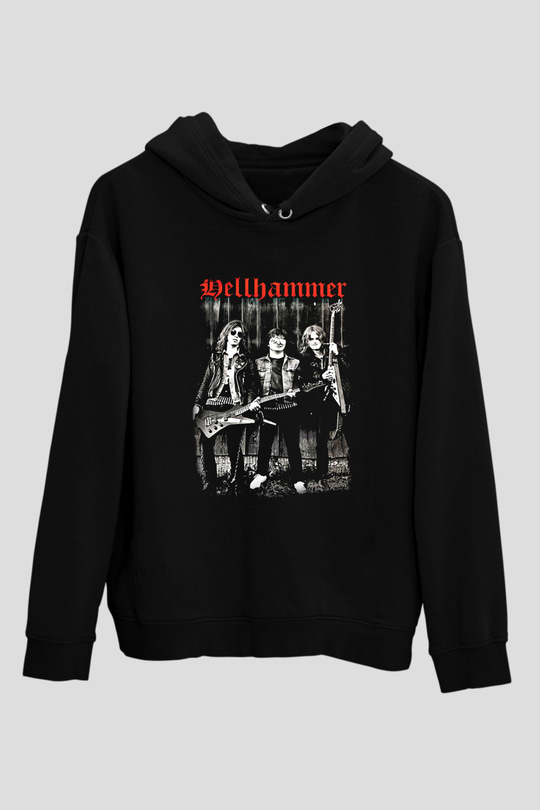 Hellhammer Baskılı Unisex Siyah Hoodie