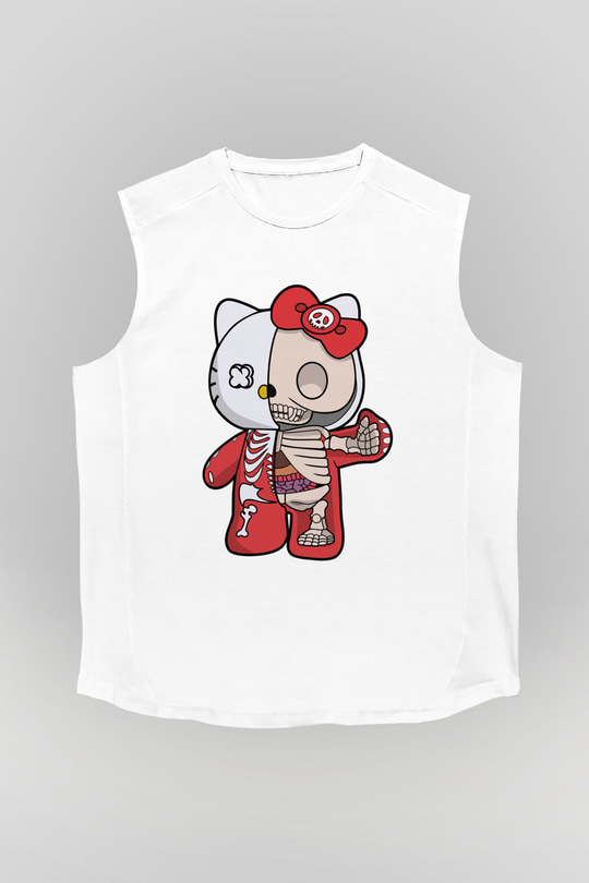 Hello Kity Half Skeleton Baskılı Unisex Beyaz Kolsuz Tişört